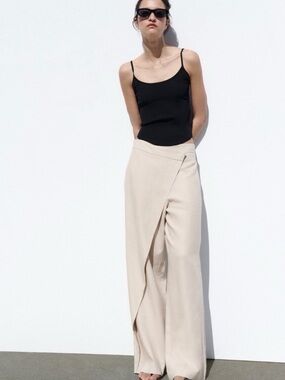 Zara Asymmetrical Wrap Wide-Leg Pants in Beige